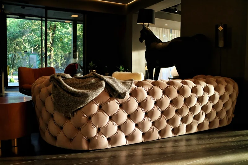 a horse is standing in the window behind a couch